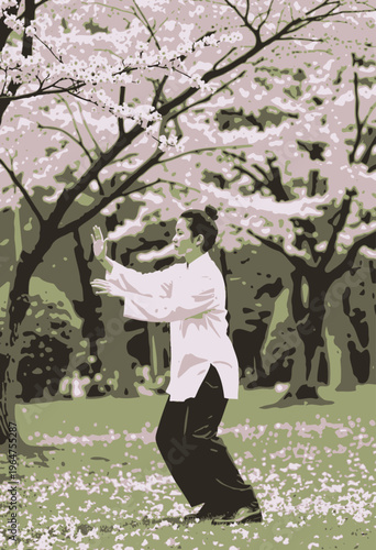 Serene Practice of Tai Chi Beneath Blooming Cherry Blossoms in a Peaceful Park Setting on a Clear Sunny Day