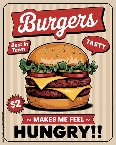 Tasty burger advertisement with cheese lettuce tomato and speech bubbles on striped background