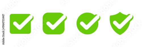 Green check mark icons in different shapes isolated on white background