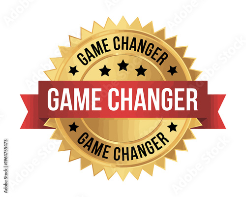 Golden game changer badge with red ribbon and star design elements