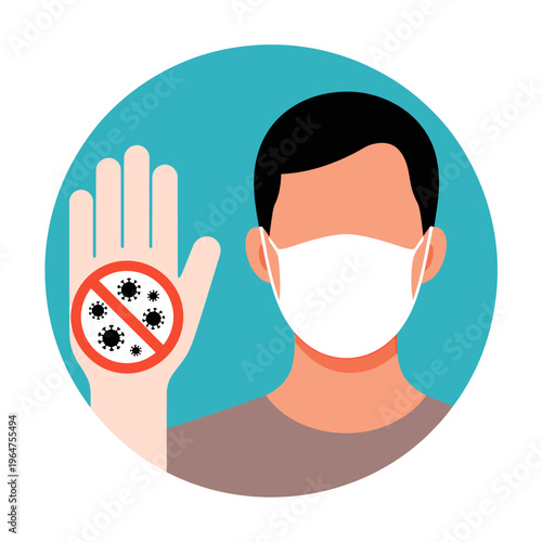 Man wearing face mask and showing hand with stop virus sign