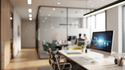 An abstract blurred office interior room fills the frame with a bright and clean working space of defocused business architecture and meeting room elegance.