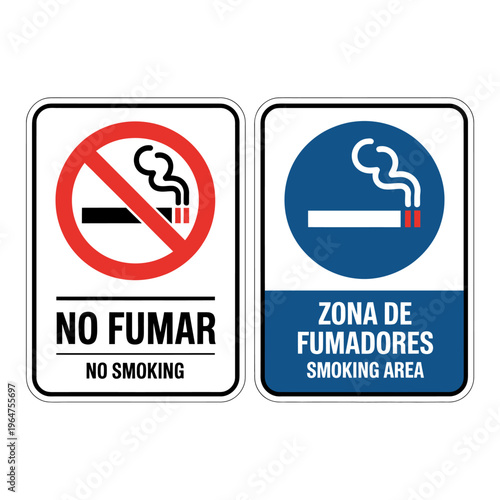 No smoking and smoking area signs in English and Spanish languages