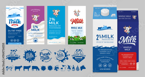 Vector collection for dairy industry branding with milk carton mockups, label templates, logos, and icons. Featuring cute cow illustrations, milk splash badges, and minimalist cattle silhouettes