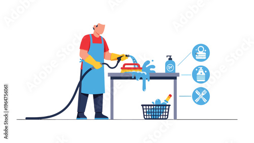 Hygiene Routine: An individual rigorously cleans a workstation, employing an industrial-grade hose and soap. The depiction emphasizes a meticulous approach to sanitation and hygiene.