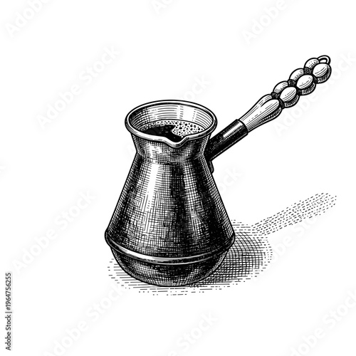 Vintage engraved cezve coffee pot with long handle, traditional Turkish coffee brewing vessel, detailed hand drawn illustration, isolated on light background