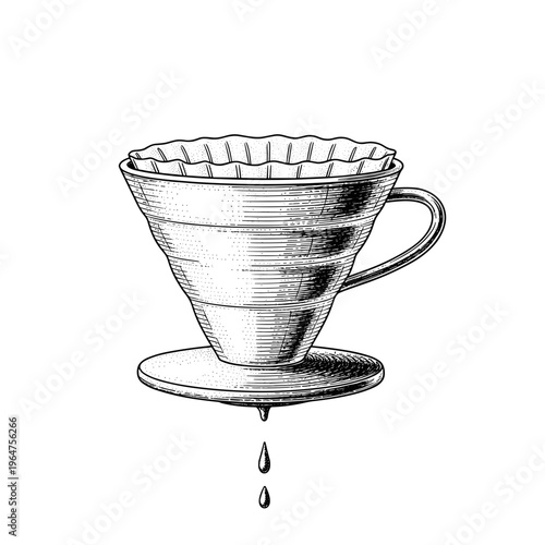 Vintage engraved pour over coffee dripper with dripping brew, manual filter brewing method illustration, detailed hand drawn design, isolated on light background