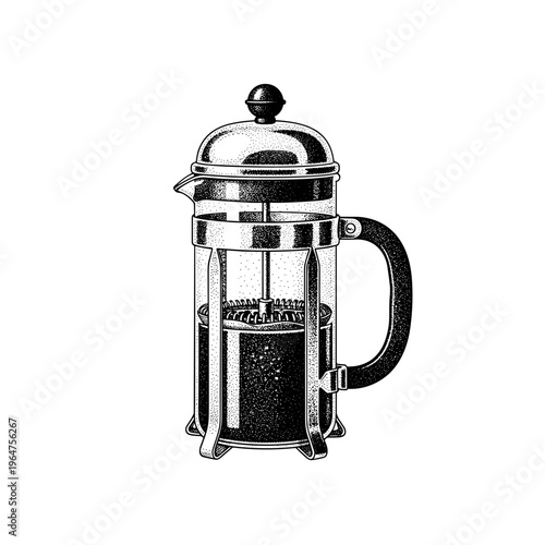Vintage engraved French press coffee maker with glass chamber, classic manual brewing device, detailed hand drawn illustration, isolated on light background