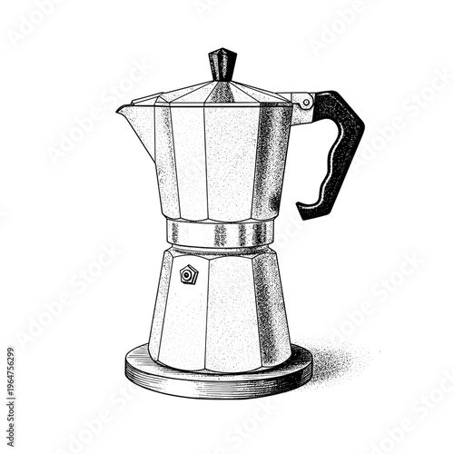 Vintage engraved moka pot coffee maker, classic stovetop espresso brewer, detailed hand drawn illustration, isolated on light background