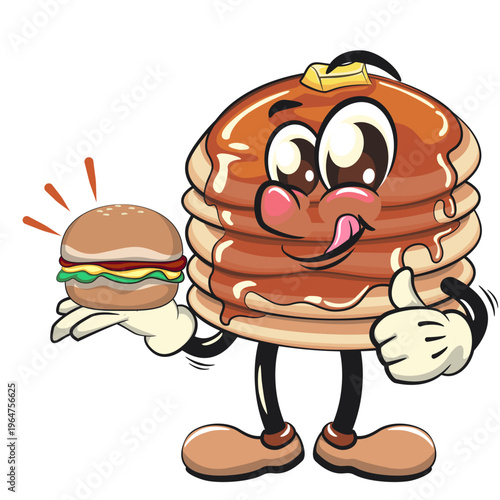 funny pancake stack cartoon mascot with syrup and butter breakfast food vector carrying a burger while giving a thumbs up, work of hand drawn