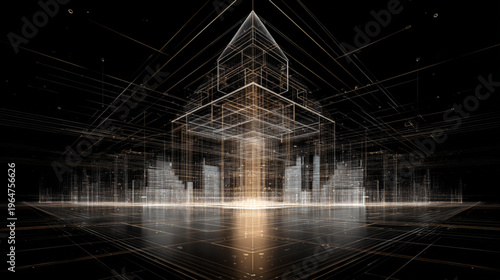 Wireframe 3D Pyramid Structure With Glowing Lines On Dark Background For Technology Concepts