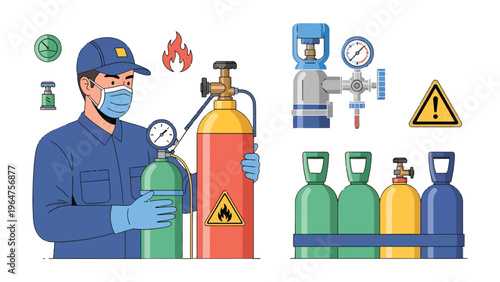 Safety in the Workplace: A worker in protective gear handles gas cylinders, highlighting industrial safety and risk management, a visual representation of secure operations.