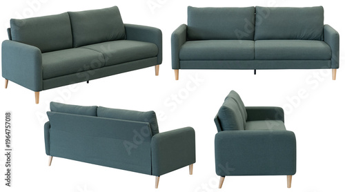 Modern upholstered sofa isolated on transparent background. Contemporary home furniture shown from multiple angles