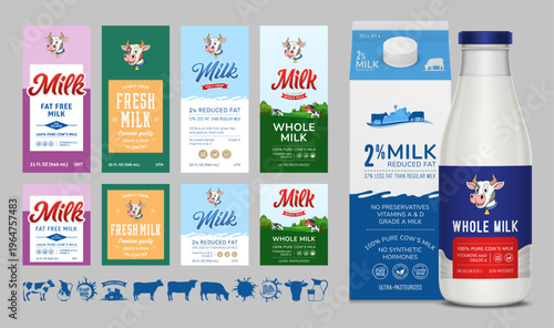 Milk packaging design set with labels, icons and bottle and carton mockups
