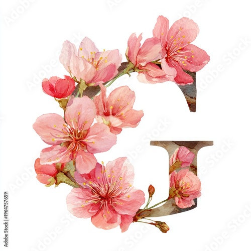 letter G from watercolor sakura flowers isolated on a white background