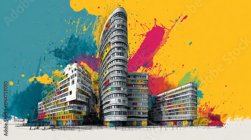 Modern Skyscraper Buildings With Colorful Paint Splashes For Creative City Concepts