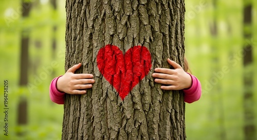 Child hugging a tree trunk with a heart painted on it, surrounded by forest