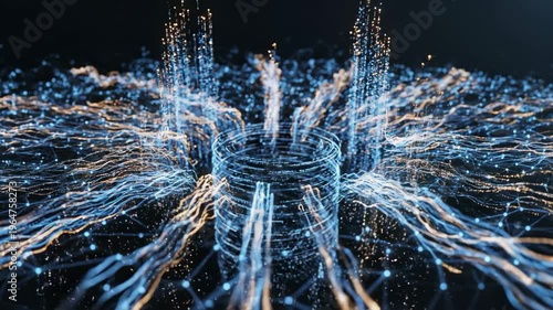 An artificial intelligence technology concept glows with blue dot lines and abstract digital network streams.