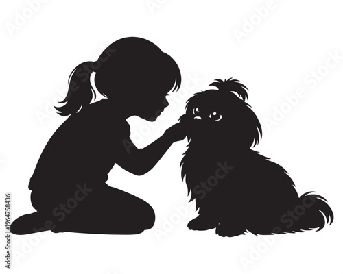 Black silhouette of a little girl playing with her fluffy dog, child and puppy friendship vector, young girl petting a small long-haired dog