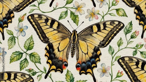 A beautiful seamless watercolor butterfly pattern fills the frame with colourful wings, spring nature, and decorative art.