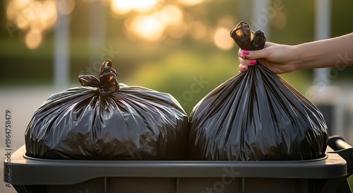 Close up of a person placing a filled black trash bag into a bin, outdoors at sunset