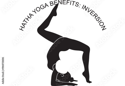 Yoga woman in inversion pose with one leg raised high... featuring silhouette, black, white with background and illustration elements for graphic,