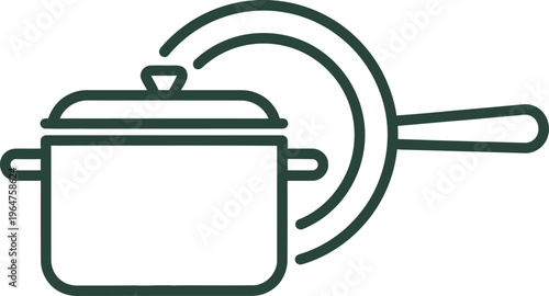 Cooking pot, saucepan, kitchen utensils, green line icons