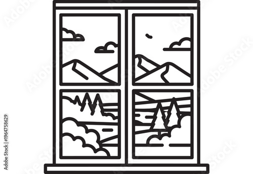 Window with four pane views of mountain scenery and clouds outside featuring scenic view, landscape, black and white with line art and illustration