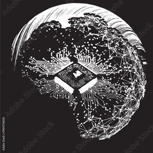 Globe illustration with white grunge texture and circuit board design on black background featuring earth, planet, digital art with futuristic and