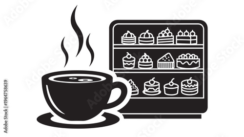 Cup coffee icon with steam rising beside dessert fridge filled with sweet treats featuring hot beverage, sweets, cakes with pastries and food storage