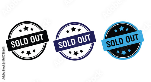 Three 'SOLD OUT' stamp icons in black, purple, and blue on a white background with star designs and banners.