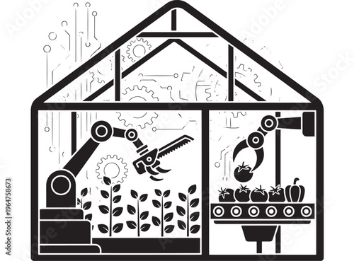 Greenhouse industrial robotic farming with plants and machinery inside a modern building featuring automation, agriculture, technology with robotics