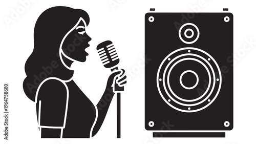 Microphone with singer and speaker in black silhouette style for music event featuring illustration, concert, performance with audio and sound