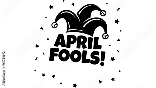 April Fools Day Jester Hat, Festive Confetti, Funny Prank Celebration Vector Graphic. Humorous Holiday Announcement, Playful Celebration Design Element, Black and White Graphic.