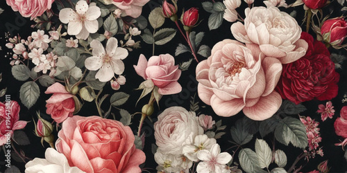 Abstract Vibrant floral pattern featuring an array of roses and blossoms on a rich background with texture.