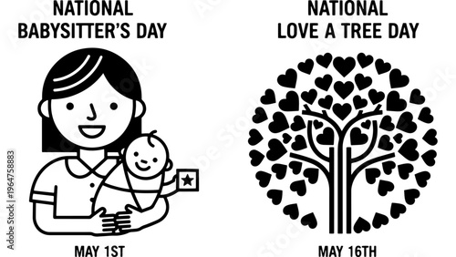 National Babysitter's Day and Love a Tree Day Vector Icons, May 1st and May 16th Celebrations, Simple Black and White Graphics for Holidays and Events