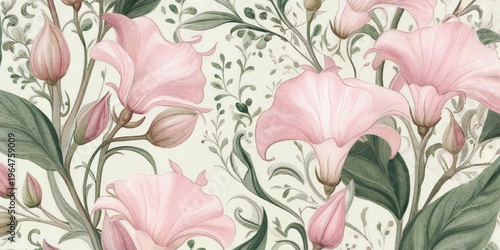 Abstract Delicate floral pattern with pink bell flowers and lush greenery background with texture.
