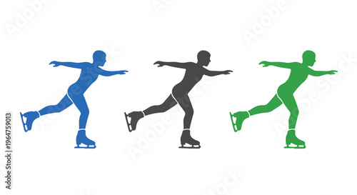 Silhouette of three ice skaters in blue, black, and green, positioned in a dynamic sequence against a white background, showcasing a range of motion.