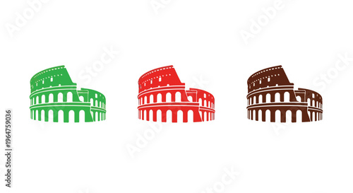 Three colorful chocolate Colosseum shaped desserts on a white background.