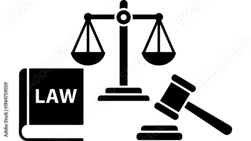 Justice Scales, Gavel, Law Book Vector Icons: Legal Symbolism, Courtroom Graphics, Professional Law Concepts, Business Litigation