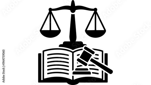 Justice Scales, Gavel, Open Book Vector Icon Set: Legal Symbolism, Courtroom Law, Fairness Concept, Judgment Decision