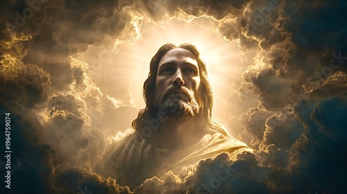 Jesus christ emerging from golden spiritual clouds with halo