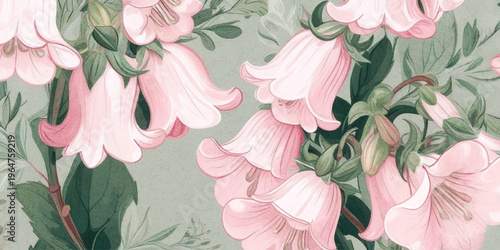 Abstract Delicate floral pattern with pink bell flowers and lush greenery background with texture.