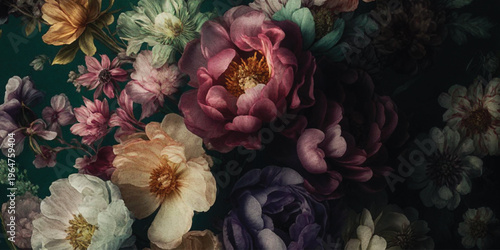 Abstract Vibrant floral pattern featuring multicolored blooms on a dark green background with texture.