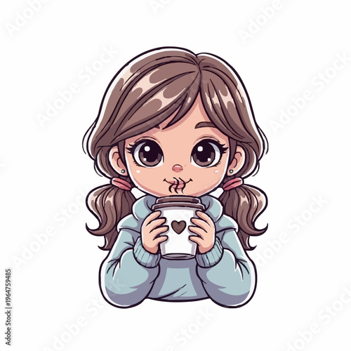 Cute Girl Drinking Warm Beverage Illustration for Kids Lifestyle and Printable Design