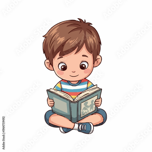 Cute Boy Reading Book Illustration for Kids Education and Printable Design