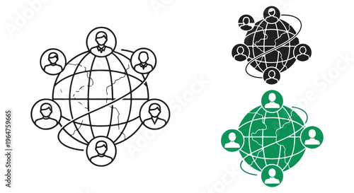 Illustration of three interconnected global network icons with people icons on a white background in black and green colors.
