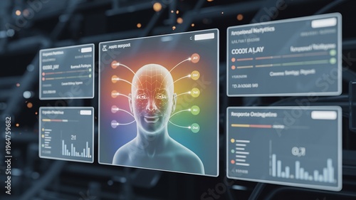 Futuristic Brain Interface with Rainbow Light on Human Head in Virtual Reality Environment