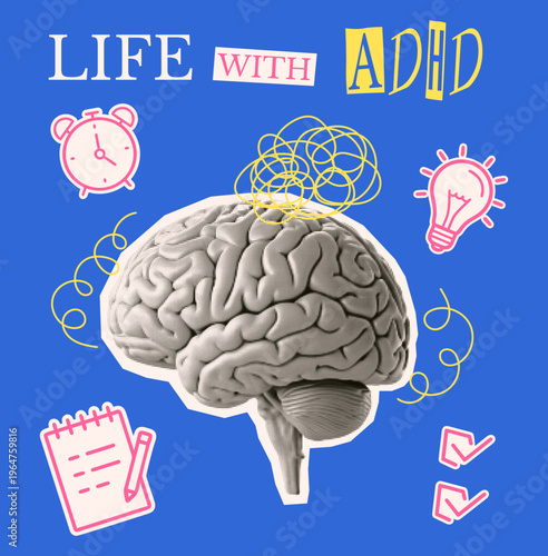 Collage Life with ADHD featuring halftone brain, doodle scribbles and icons. Concept of attention deficit, productivity, focus, mental health awareness, neurodiversity.