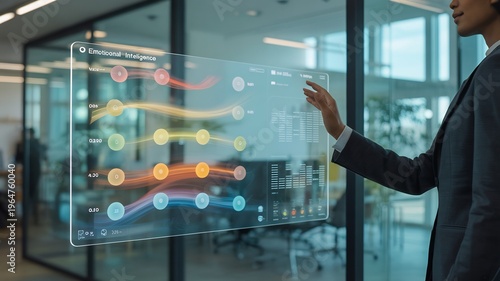 Businessman Interacting with Transparent Digital Screen Displaying Graphs in Modern Office